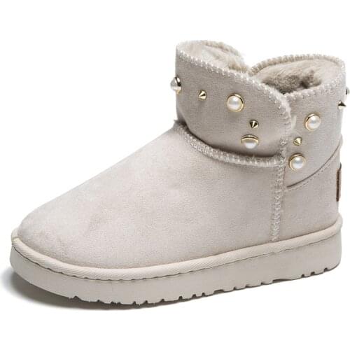 2020 new women boots pearl decoration winter shoes warm black round toe casual plus size female snow boots