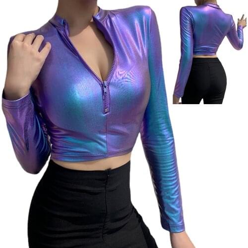 2021 Fashion Women Long Sleeve Crop Top T shirt Zipped Collar Sexy Casual Short Shirt Summer Tee Tops Shiny Purple clothing 7XL