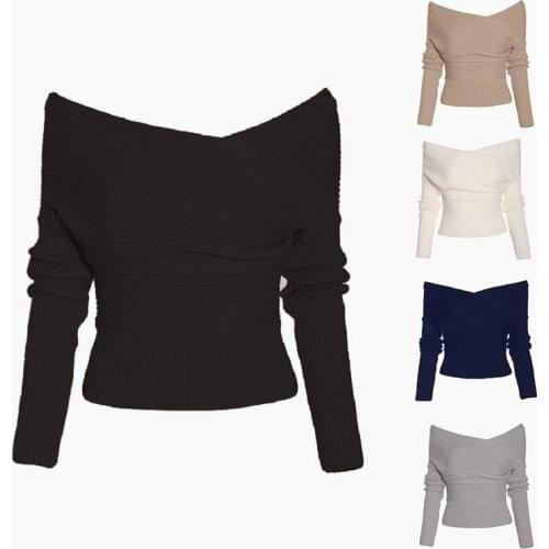 Winter Warm Fashion Womens Long Sleeve Off Shoulder Sweaters Knitted Top Pullover Sweater Jumper Slim Slash Neck Knit Sweaters