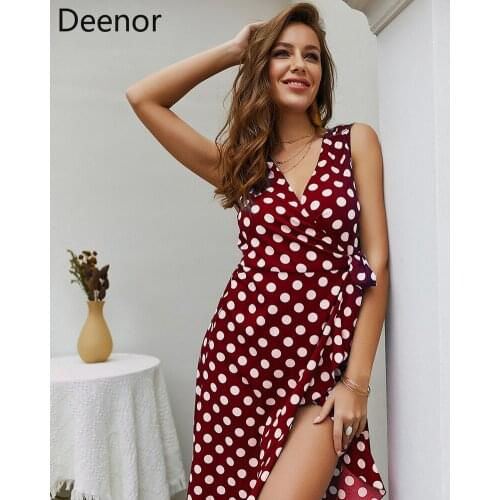 Deenor Bohemian Long Dress Womens Sleeveless Ruffle Dress Polka Dot Sling Dress 2021 Summer Vintage Holiday Sundress Femininas