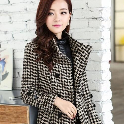 2019 New stnd collar women double brested sashes houndstooth gird plaid pattern medium long woolen coat abrigos casacos 4XL