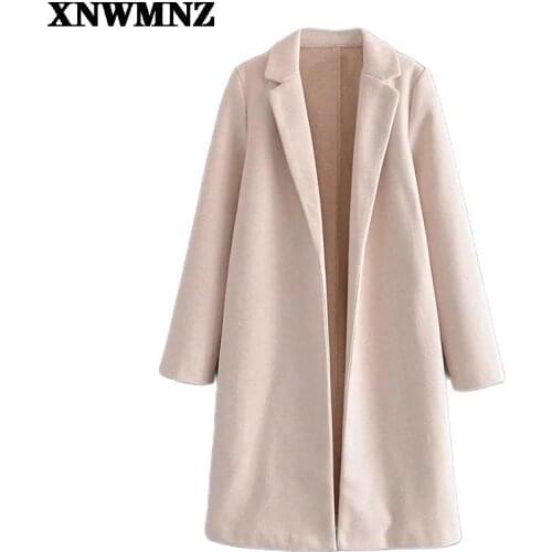 XNWMNZ 2021 Women Autumn Winter Wool lapel long collar coat Vintage Solid Warm Long Sleeve Female Jacket Outerwear Overcoat top