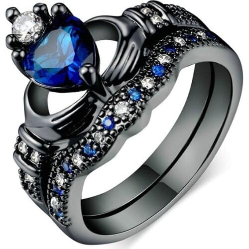 2pcs/Set Fashion Crown Design Black Ring Vintage Blue Zircon Stone Ring Set For Women Accessories Jewelry Engagement Female Ring