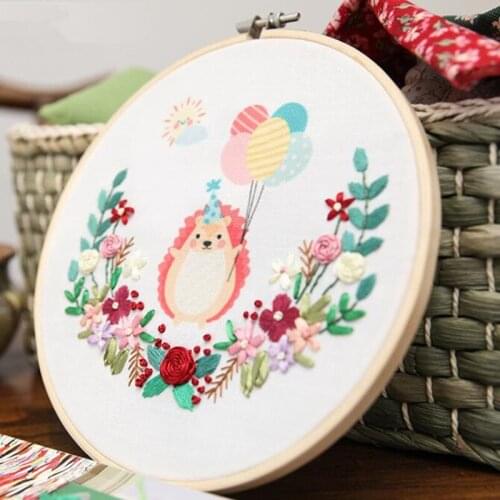 20*20cm Cute Cartoon Animal Hedgehog Rabbit Embroidery Sets DIY Needle Arts Circular Frame Needlework