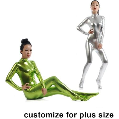 2021 Plus Size Sexy Shiny Catsuit Silver Metallic Unitard bodysuit jumpsuit with customized Zipper Long Sleeve Catsuits