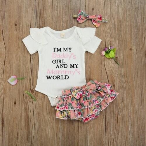 Baby Girls 3Pcs Summer Outfits, Short Sleeve Letter Print Romper + Floral Shorts + Headband Set