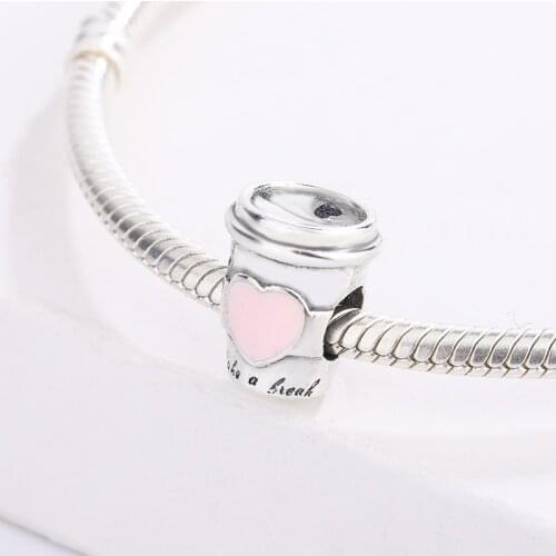 925 Sterling Silver Pink Heart Crown Shaped Coffee Cup Pendant Charm Bracelet DIY Jewelry Making For Pandora