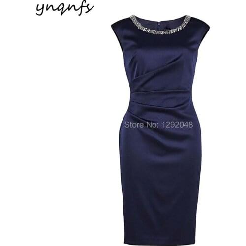YNQNFS M111 Sheath Cap Sleeve Crystal Satin Dress Party Gown Guest Wear Knee Length Navy Mother of the Bride Groom Dresses 2019