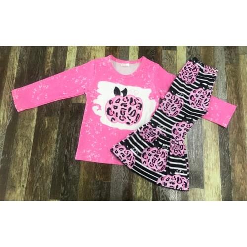 Children Boutique Baby Girl Pink Flare Leopard Pumpkin Striped Bell Bottle Set