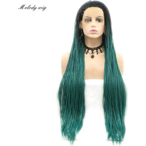 Melody Long Braided Box Braids Ombre Wigs Dark Roots To Dark Green/Pastel Purple for Women Natural Looking Drag Queen Cosplay