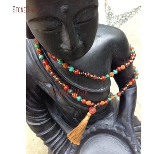Fashion Hand knotted African Turquoises Carnelian & Rudraksha 108 Beads Buddhist Prayers Mala Tassel Necklace NM10958