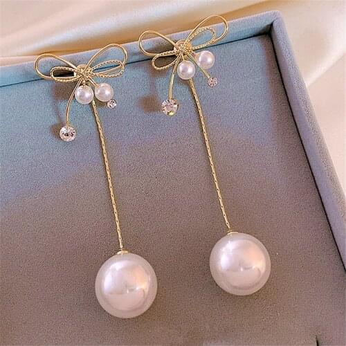 Fashion Bowknot Big Pearl Ball Long Earrings For Women Korean Style Elegant Brincos Jewelry Wholesale