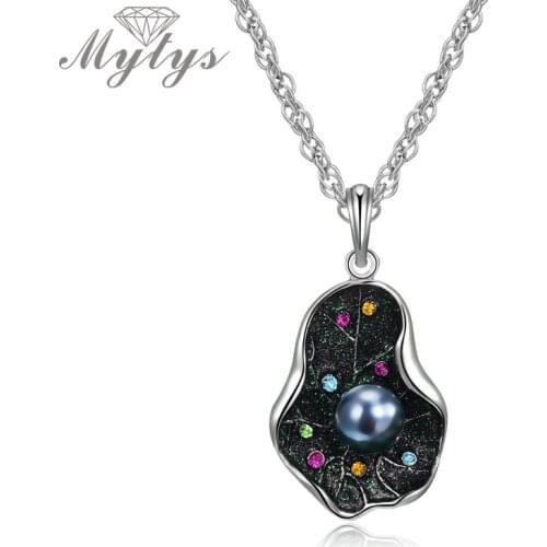 Mytys Sparkling Noble Leaf Necklace for Women Chain Double Link Colorful Crystal & Black Pearl On Leaf Retro Statement CN520