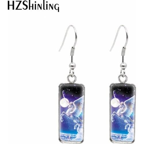 2021 New Unicorn and Moon Mystical Rectangular Earring Magically Fish Hook Earrings Glass Cabochon Handmade Jewelry