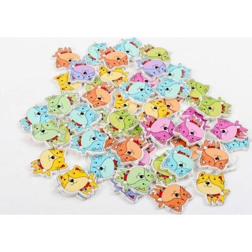 30pcs Wholesale Natural Wooden Buttons Colorful Mixed cat Scrapbook Sewing Accessories DIY Craft 24x24mm