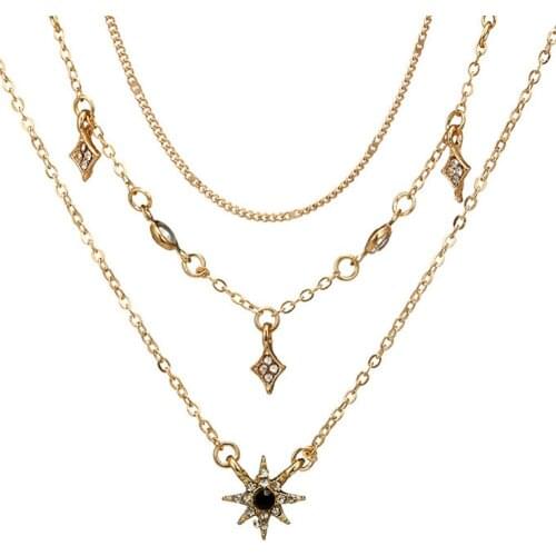 Fashion Stars Zircon Beads Sun Flower Pendant Thin Multi Layers Necklaces Gold Rhinestone Choker Necklace Jewelry Gift