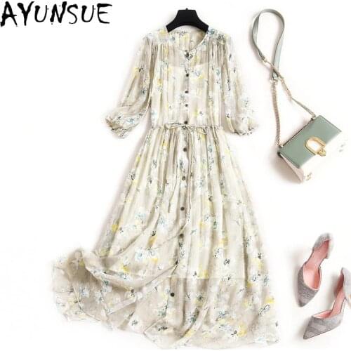 AYUNSUE Summer 100% Silk Dress 2021 Elegant Floral Boho Dresses for Women Beach spring Korean Fashion 2 piece Vestido De Mulher