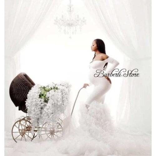 Dreamlike White Tulle Mermaid Bridal Dresses Off The Shoulder Ruffles Maternity Gowns To Photogtaphy Custom Made Stretch Dress