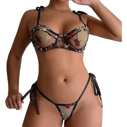 See Through Ladies Sexy Underwear Lace Underwear Set Sexy Erotic Lingerie Blue Push Up Bra Set Underwear Set Bandage Lingerie