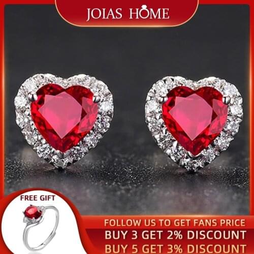 JoiasHome 925 Silver Stud Earrings For Women With Heart Shape Ruby Gemstone Zircon Charm Women Lady Party Jewelry Wholesale
