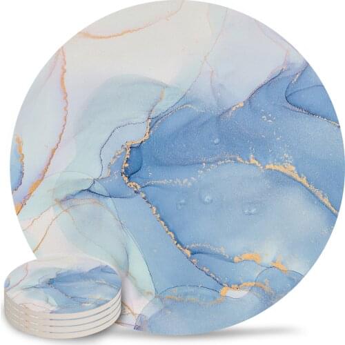 Blue Marble Round Coaster Coffee Table Mats Kitchen Accessories Absorbent Ceramic Coasters