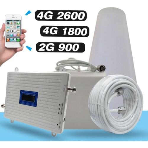 2G 3G 4G Tri Band Booster GSM 900MHz+DCS/LTE 1800(B3)+FDD LTE 2600(Band 7) Cellphone Signal Repeater Cellular Amplifier Full Set