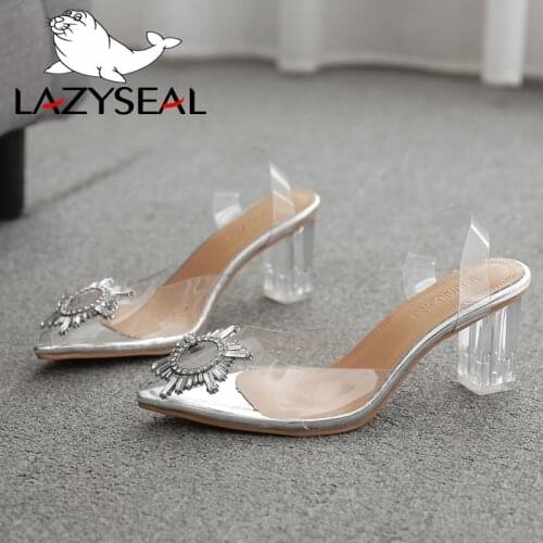 LazySeal Luxury Women Pumps Transparent High Heels Slippers Sexy Pointed Toe Round Crystal Sun Beach Slide Party Shoes For Lady