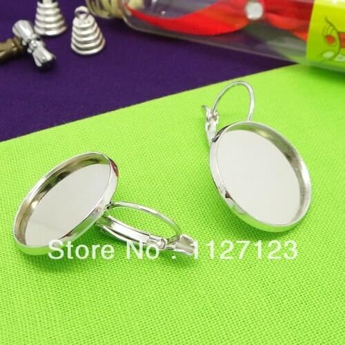 Rhodium Plated Dull Silver 100piece/lot French leverback hooks w/ 18mm Bezel earring blanks cameo base cabochon setting