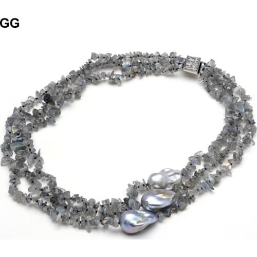 GuaiGuai Jewelry 3 Strands Natural Gray Keshi Baroque Pearl Real Labradorite Stone Necklace For Women