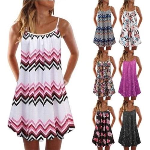 2021 Women Floral Printed Dresses Spaghetti Strap O Neck Sleeveless Mini Beach Dress Ladies Sexy Summer Vintage Cover-Ups