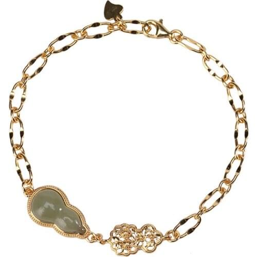 S925 sterling silver gold-plated natural Hetian jade gray jade bracelet retro national trend hollow gourd ladies Bracelet