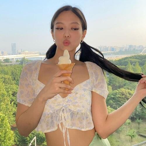 2021 Women Chiffon Floral Blouse Short Sleeve V Neck Shirring Crop Tops Pullover Sweet Fashion High Street Y2k Clothes