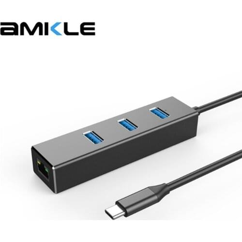 Amkle USB C 3.1 to RJ45 Gigabit Ethernet 1000Mbps LAN Adapter 3USB 3.0 Ports Type C Hub with Holder For PC Computer Laptop