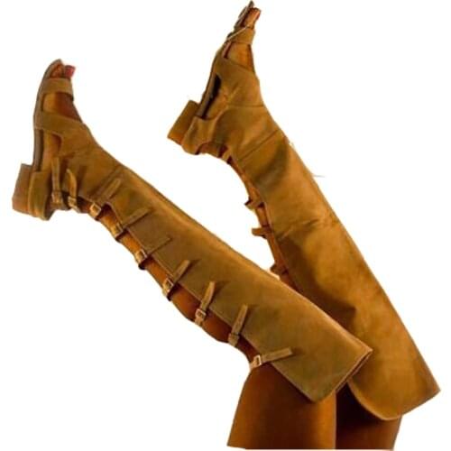 Suede Rome Boots Flat With Open Toe Buckle Strap Gladiator Sandal Boots Brown Flock Multi-Buckle Hollow Gladiator Women Boots