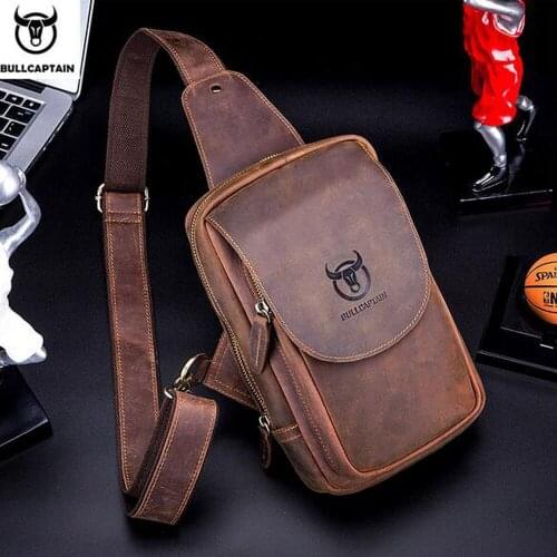 BULLCAPTAIN Quality Mens Leather Chest Bags Crossbody Bags Crazy Horse Leather Bages Retro Mens Zip Pocket Short Travel Bag