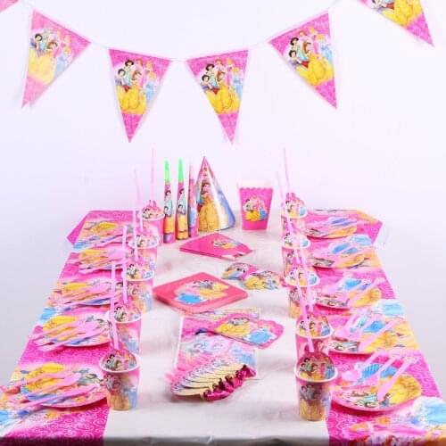 Disney Tableware Princess Happy Kids Birthday Party Decorations Supplies Set Cup Plate Banner Hat Straw Loot Bag Gifts