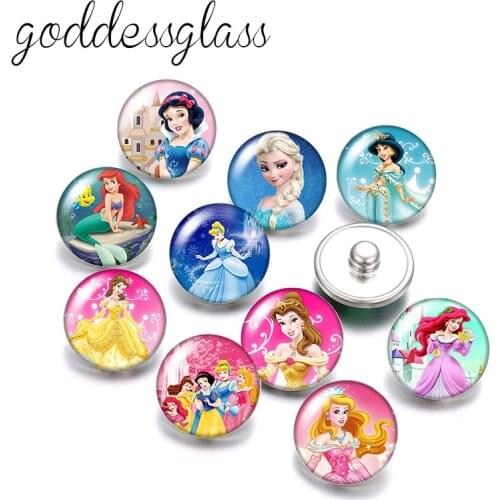 Disney Princesses Elsa Belle Alice ariel 10pcs Round photo 18mm snap buttons for 18mm snap necklace DIY jewelry