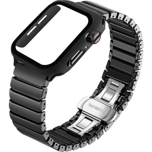 For apple watch 6 se case + band 44mm 40mm luxury Ceramic strap + glass screen protector cases for iwatch se 6 5 4 3 42mm 38mm