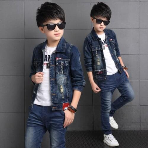 2pcs Boys Denim Jacket & Boys Jeans Clothing Set Boy Outerwear Denim Pant Boys Clothes for 3 4 6 8 10 12 13 Years Old RKS175002