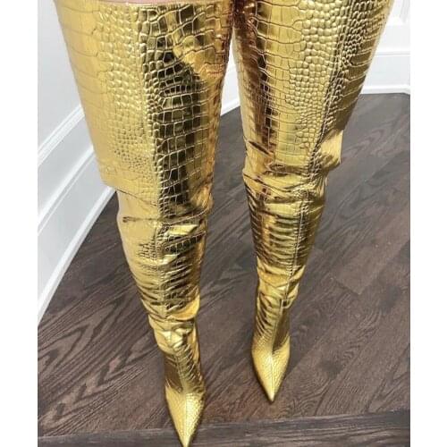 Factory Golden Alligator Thigh Boots Thin High Heels Fashion Women over the Knee Shiny Leather Stage Performance Long Boots