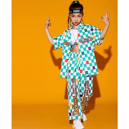 Jazz Dance Costume For Girls Plaid Hip Hop Suit Loose Short Sleeves Shirts Pants Performance Stage Outfit Rave Clothes BL6247