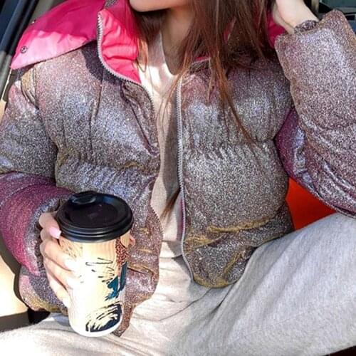 Fashion Zip Overwear 2021 Temporary Lot With Hood collar Glitter Night Club Jacket Winter Warm Reflecting padded Shiny