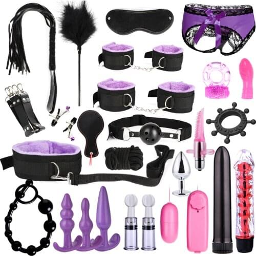 11/15/17/26pcs BDSM Bondage Restraint Kit Bullet Vibrator Handcuff Whip Mouth Gag Anal Bead Butt Plug Adult Game Props