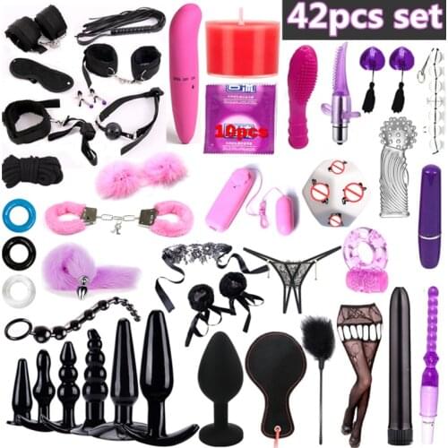Nylon BDSM Sex Bondage Set Handcuffs Nipple Clamps Collar Gag Whip Rope Tail Anal plug Vibrator Couples Sex Toys for Adults bdsm