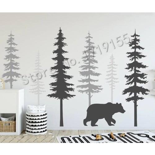 Pine Tree Wall Decal With Large Bear Wall Stickers Morden Style Baby Kid Room Decor Vinyl Nursery Tree Nature Wall StickerZW465