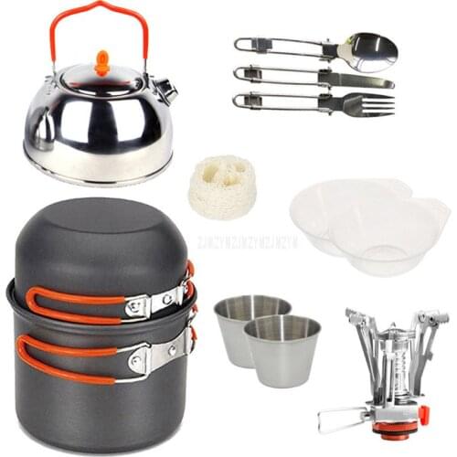 Portable Outdoor Camping Pot and Pan Teapot Cooking Tool Hiking Picnic Travel Cookware Bowl Fork Bowl Spoon Tableware Set 202-1