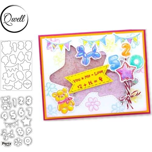 QWELL Number 0-9 Balloon Metal Cutting Dies with Coordinating Clear Silicone Stamps Puppy Flower Colorful Flag Party Time 2021