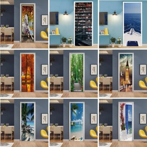 Self Adhesive Door Sticker Garden Landscape 3D Wallpaper Mural PVC Art Wall Sticker Living Room Corridor Bedroom Home Decoration