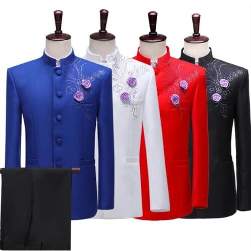 Stage Chinese tunic suit men suit set with pants mens wedding suits stand collar singer slim formal dress mens groom suit red