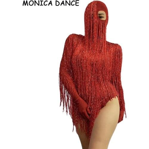 Sexy Stage Red Full Fringe Long Sleeves Bodysuit Headdress Birthday Celebrate Dance Wear Prom Women Dancer DS Evening Outfit